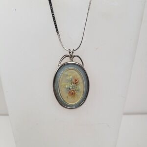 Sterling Floral Oval Pendant Necklace 925 Silver Chain Resin Flowers Jewelry 24"